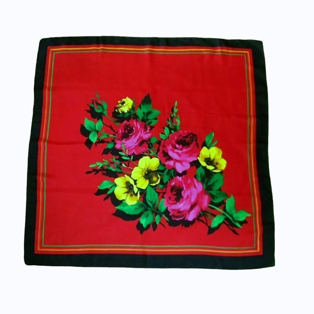 Red and Black Scarf with Floral Design 33" x 32 1/2"  Polyester NWOT